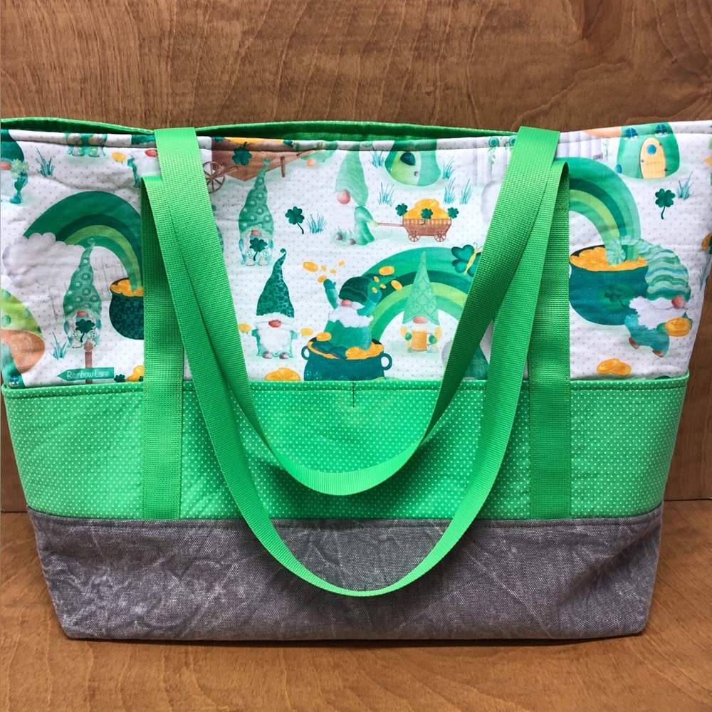 LG Irish Gnome Tote Bag Pockets Handmade Cotton Canvas Reusable Clover Gold Coin